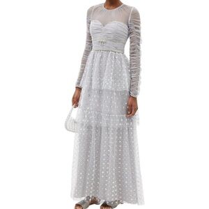 SELF-PORTRAIT Tiered Sequined Tulle And Satin Maxi Dress Blue Silver 4 NWT